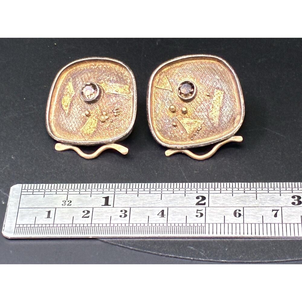 Vintage Modernist Bronze Tone Post Earrings Smoky Rhinestone Brutalist - Picture 7 of 7